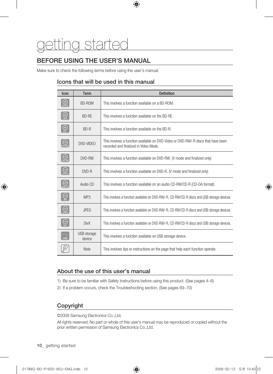 Getting started, Before using the user’s manual | Samsung BD-P1620 User Manual | Page 10 / 75
