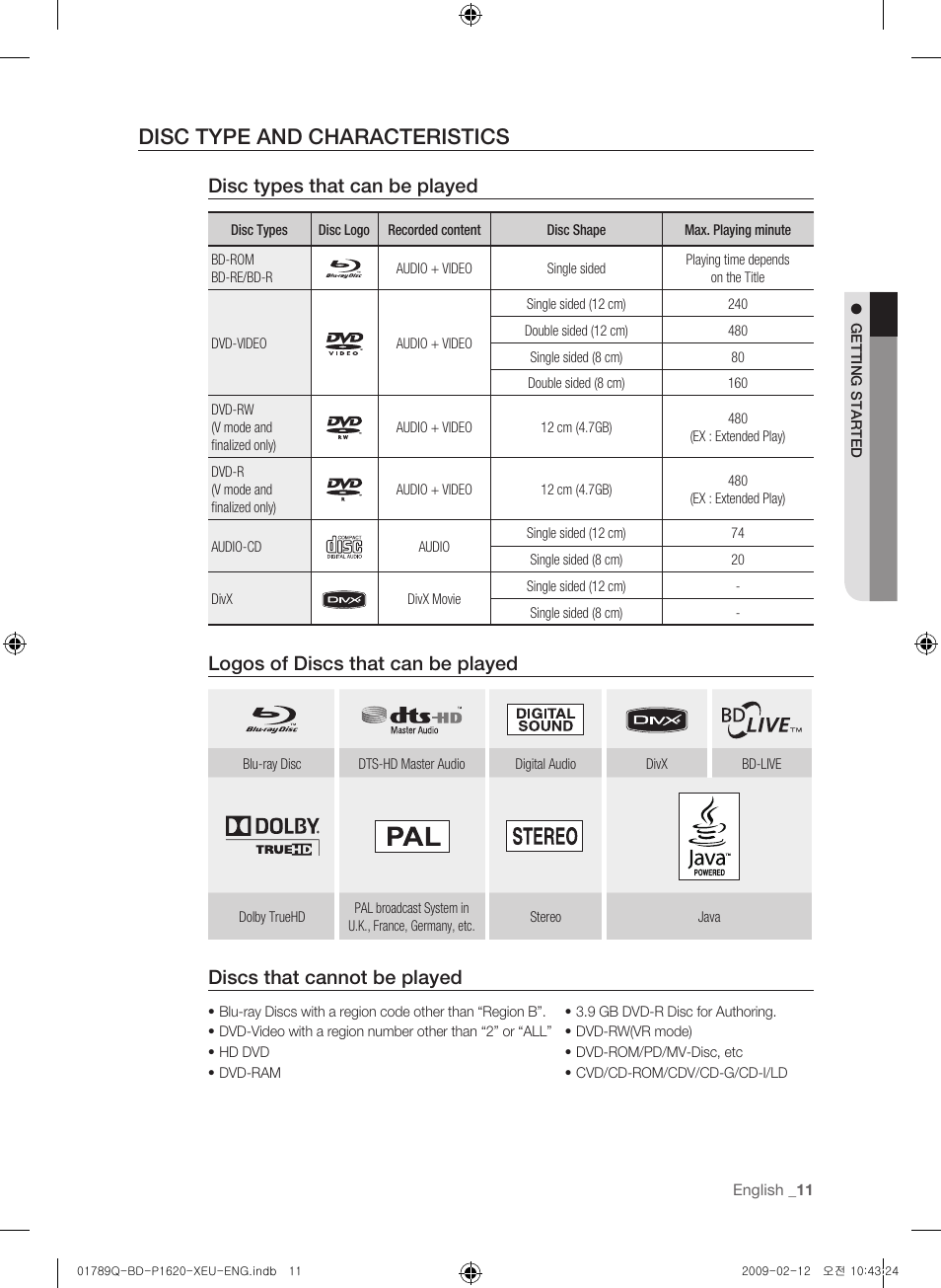 Disc type and characteristics, Disc types that can be played, Logos of discs that can be played | Discs that cannot be played | Samsung BD-P1620 User Manual | Page 11 / 75