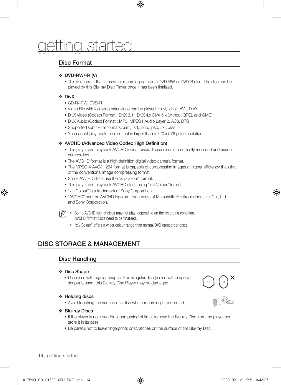 Disc storage & management, Getting started | Samsung BD-P1620 User Manual | Page 14 / 75