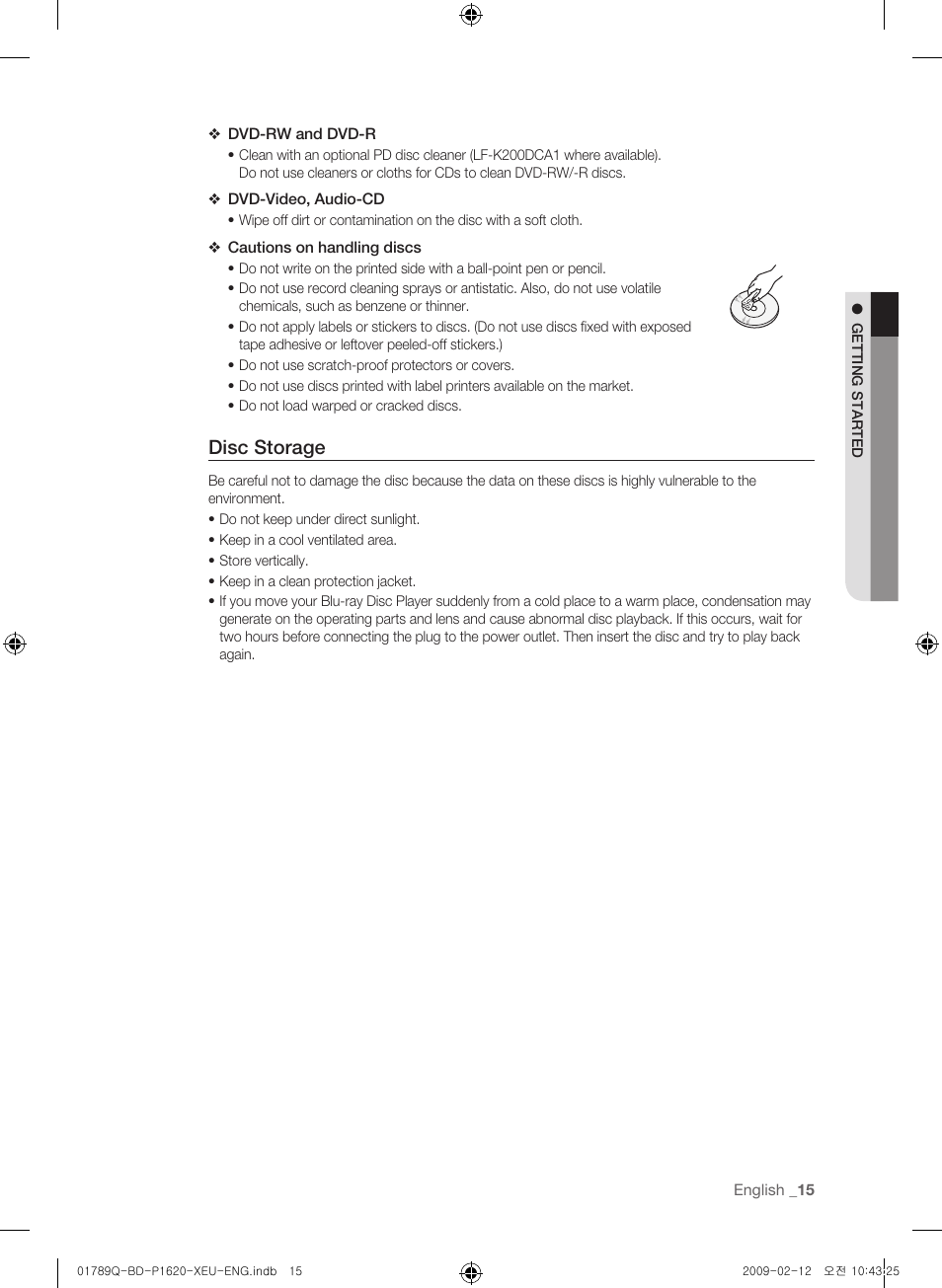 Disc storage | Samsung BD-P1620 User Manual | Page 15 / 75