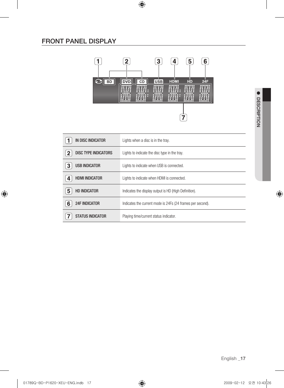 Front panel display | Samsung BD-P1620 User Manual | Page 17 / 75