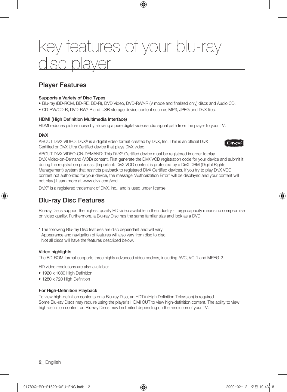 Key features of your blu-ray disc player, Player features, Blu-ray disc features | Samsung BD-P1620 User Manual | Page 2 / 75