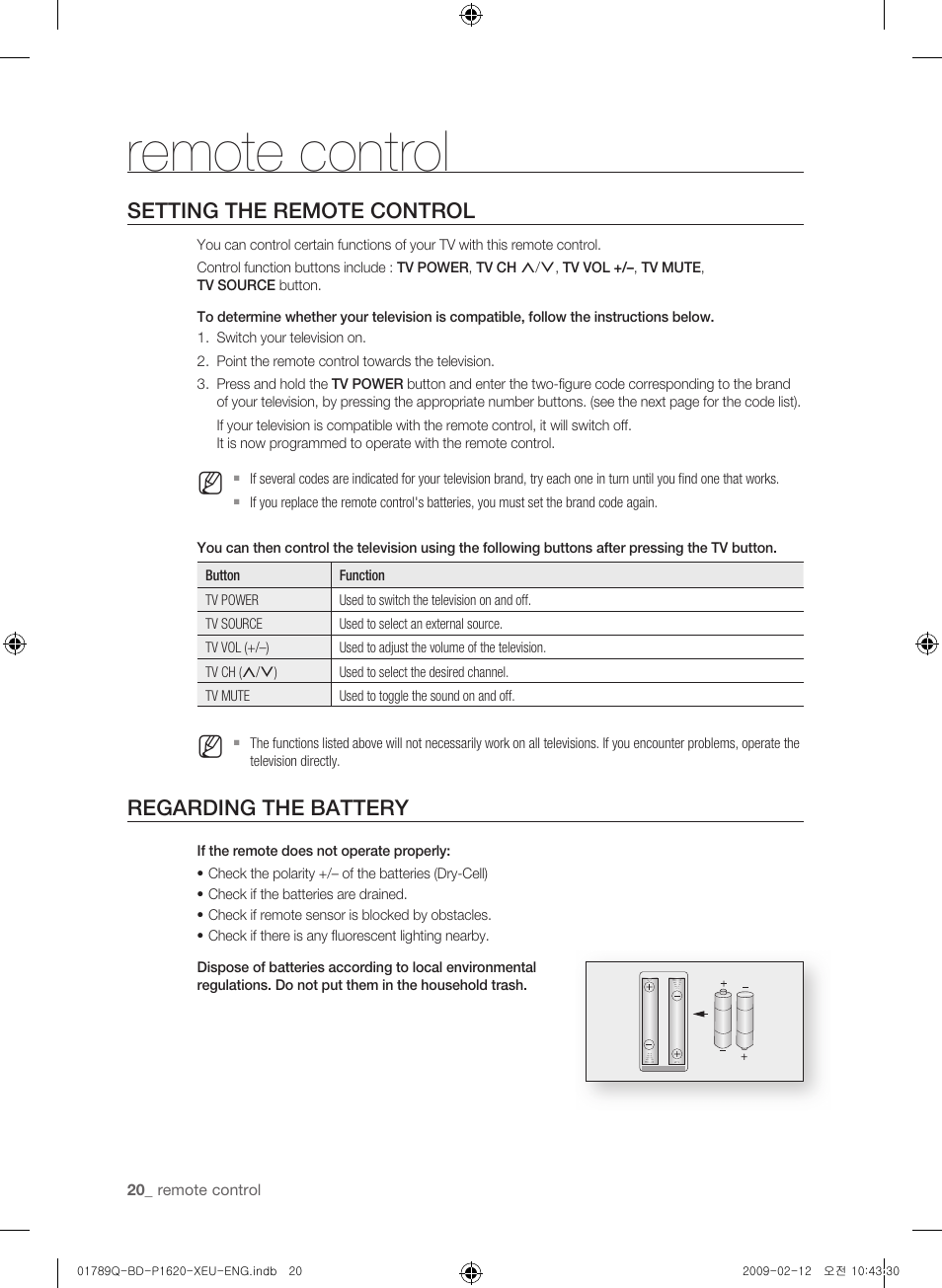 Setting the remote control, Regarding the battery, Remote control | Samsung BD-P1620 User Manual | Page 20 / 75