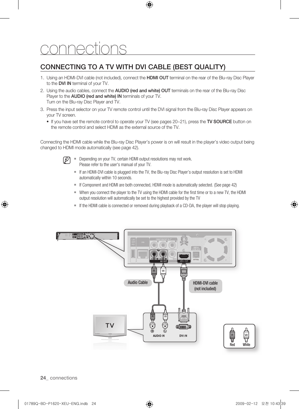 Connections, Connecting to a tv with dvi cable (best quality) | Samsung BD-P1620 User Manual | Page 24 / 75