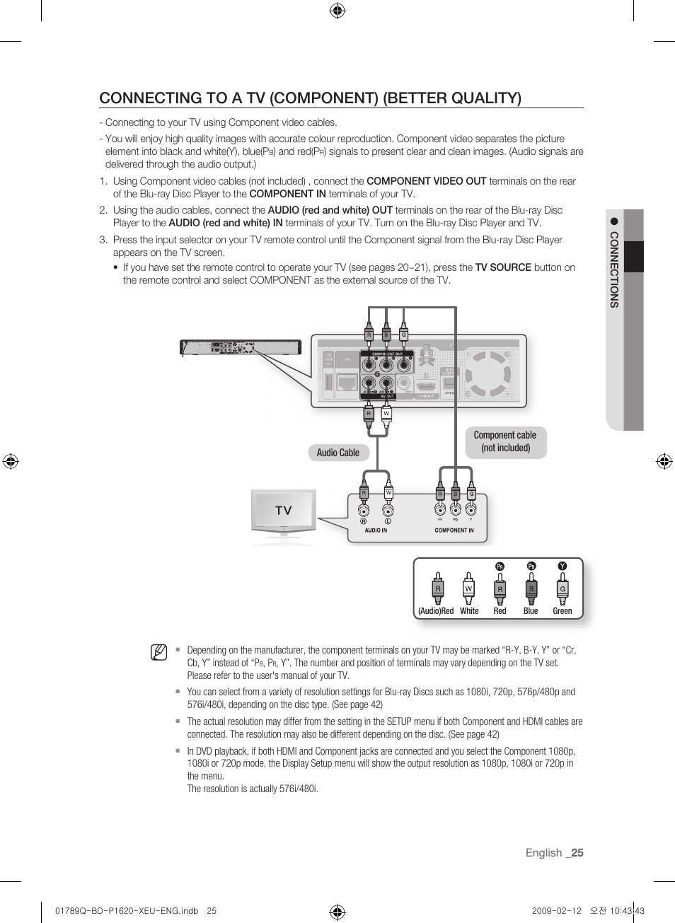 Connecting to a tv (component) - better quality, Connecting to a tv (component) (better quality) | Samsung BD-P1620 User Manual | Page 25 / 75