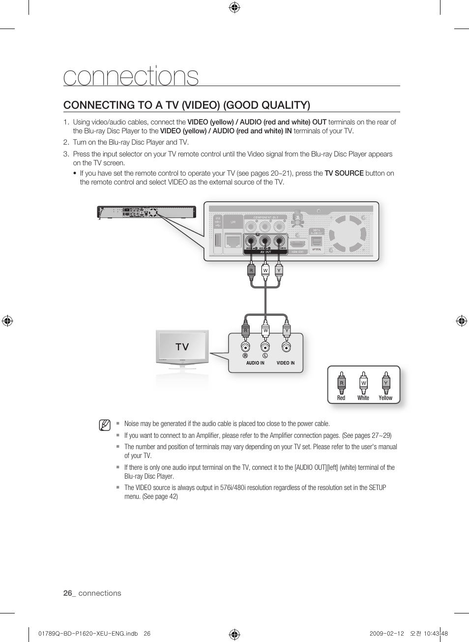 Connecting to a tv (video) - good quality, Connections, Connecting to a tv (video) (good quality) | Samsung BD-P1620 User Manual | Page 26 / 75