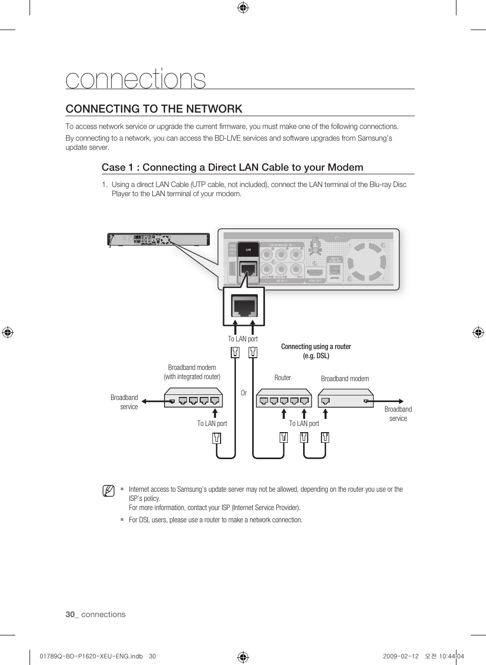 Connecting to the network, Connections | Samsung BD-P1620 User Manual | Page 30 / 75