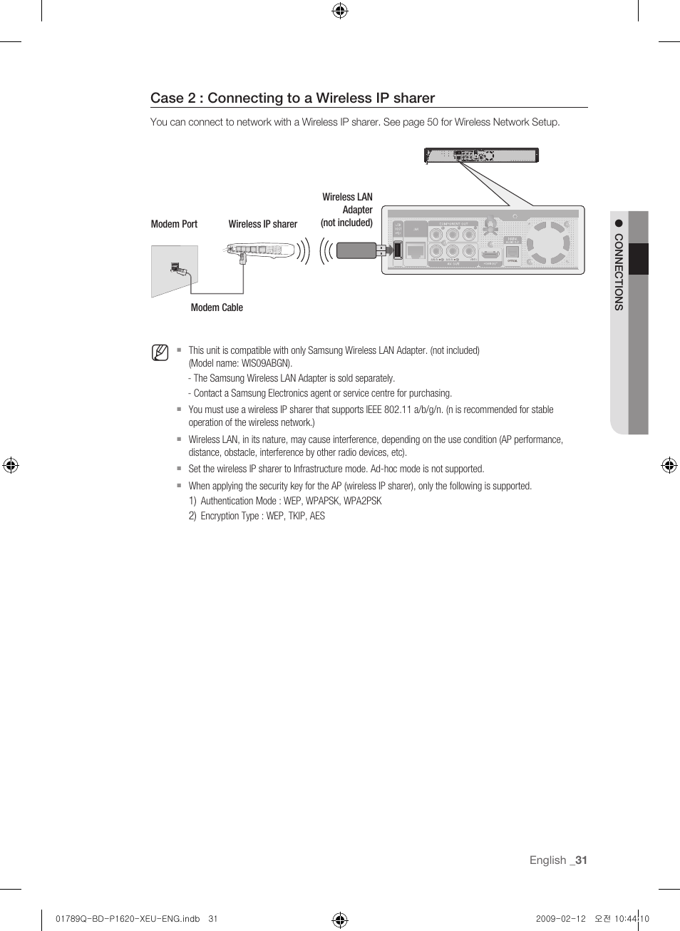 Case 2 : connecting to a wireless ip sharer | Samsung BD-P1620 User Manual | Page 31 / 75