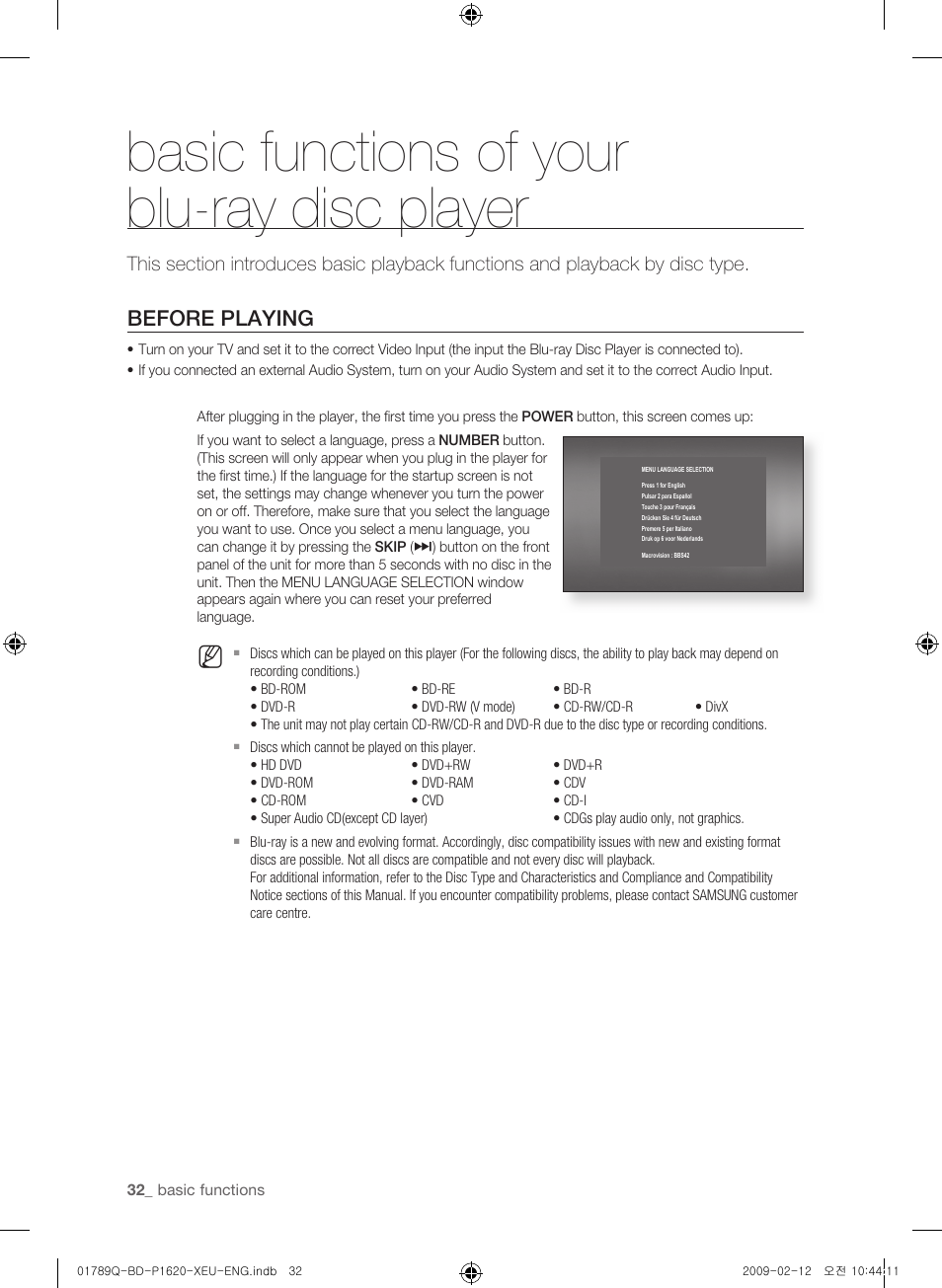 Basic functions of your blu-ray disc player, Before playing | Samsung BD-P1620 User Manual | Page 32 / 75