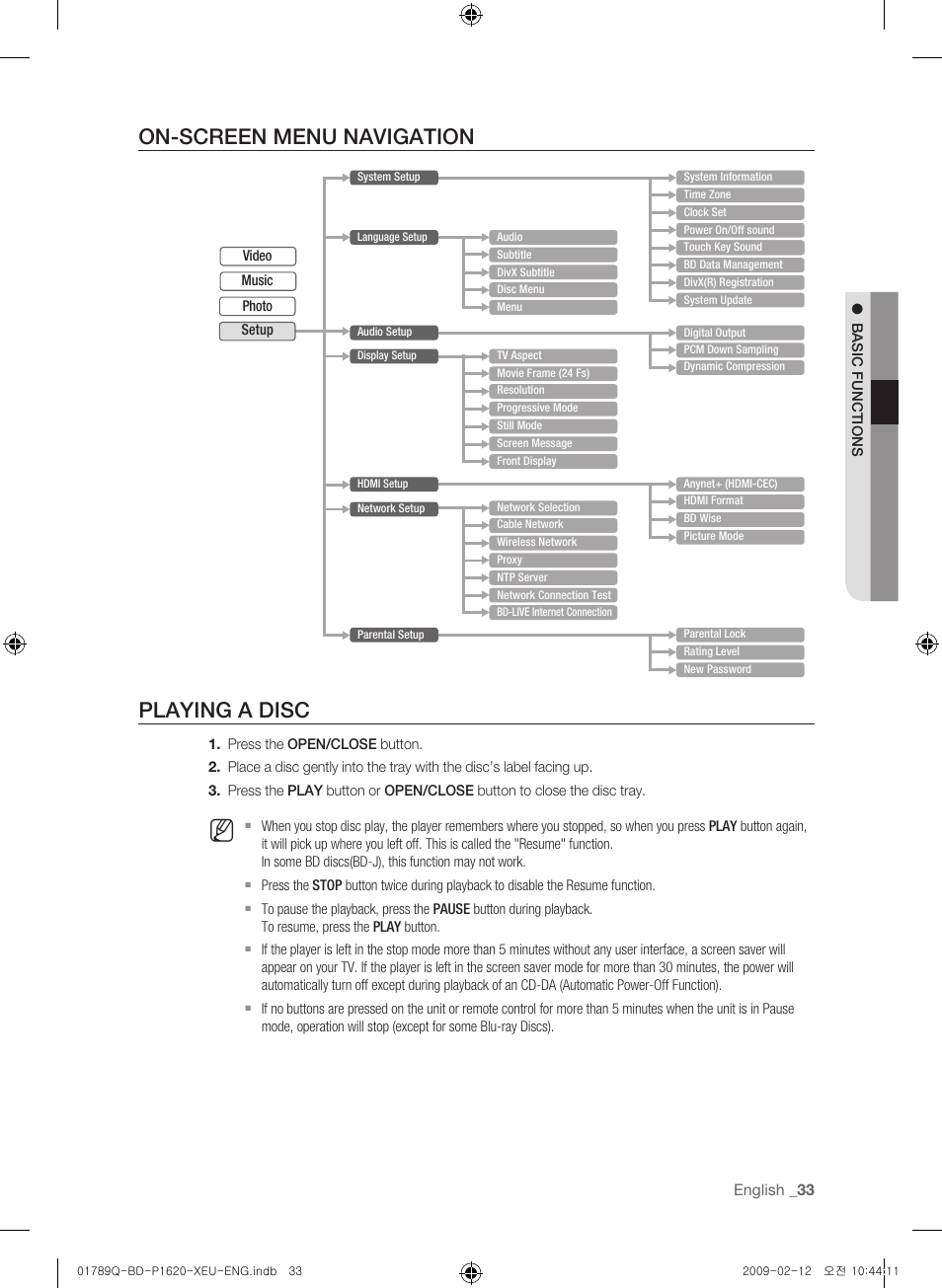 On-screen menu navigation, Playing a disc, On-screen menu navigation playing a disc | Samsung BD-P1620 User Manual | Page 33 / 75