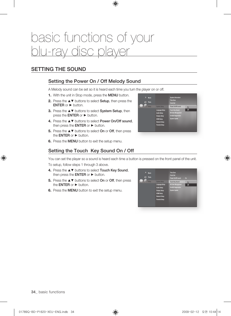 Setting the sound, Basic functions of your blu-ray disc player, Setting the power on / off melody sound | Setting the touch key sound on / off, 3_ basic functions | Samsung BD-P1620 User Manual | Page 34 / 75