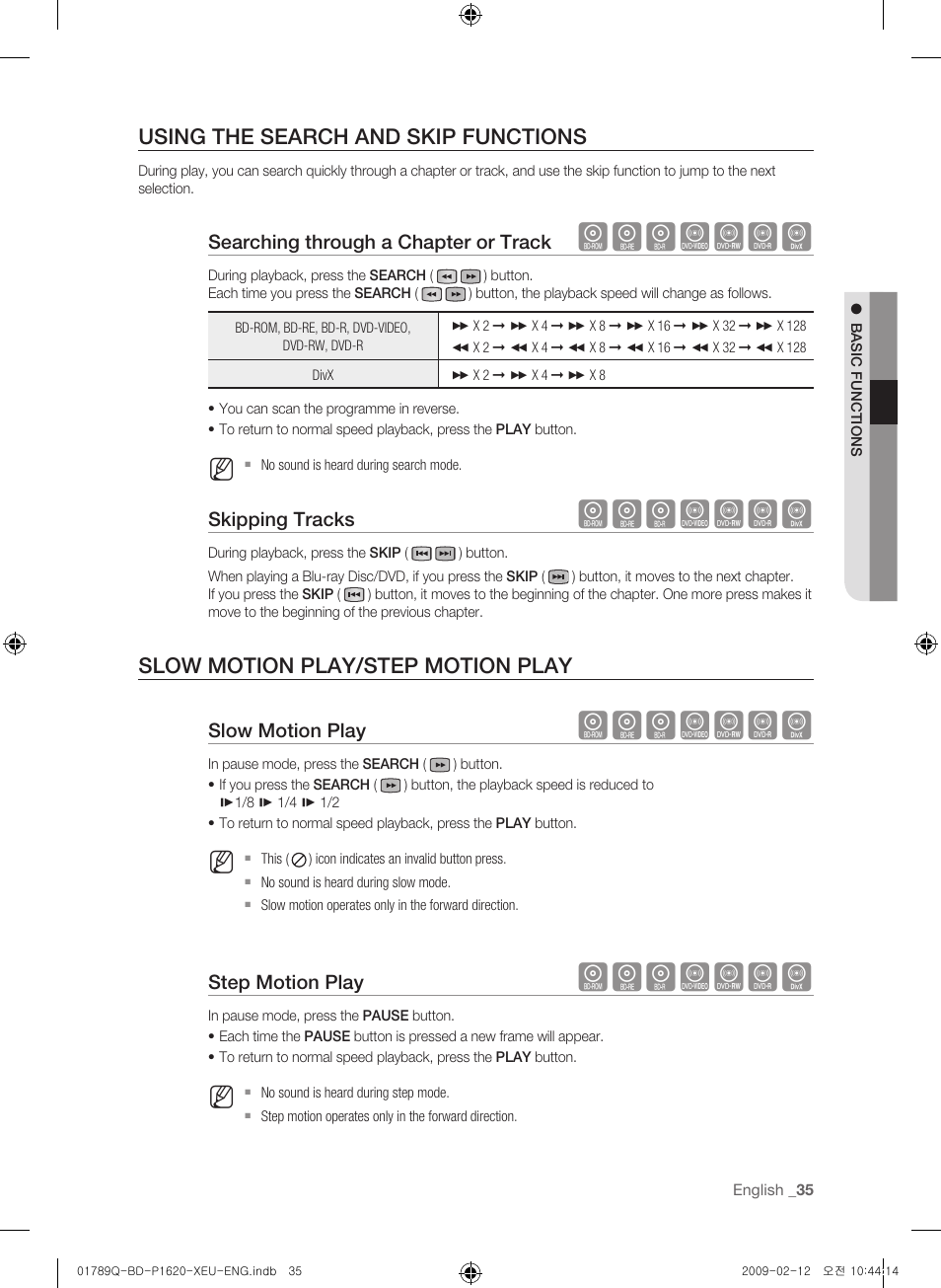 Using the search and skip functions, Slow motion play/step motion play, Hgfzcvd | Samsung BD-P1620 User Manual | Page 35 / 75
