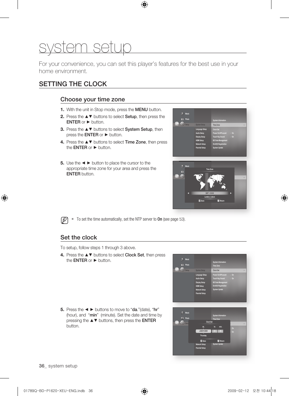 System setup, Setting the clock, Choose your time zone | Set the clock, 3_ system setup | Samsung BD-P1620 User Manual | Page 36 / 75