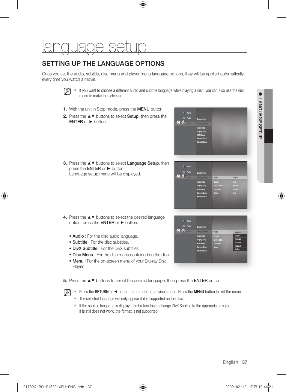 Language setup, Setting up the language options, English _3 | Samsung BD-P1620 User Manual | Page 37 / 75