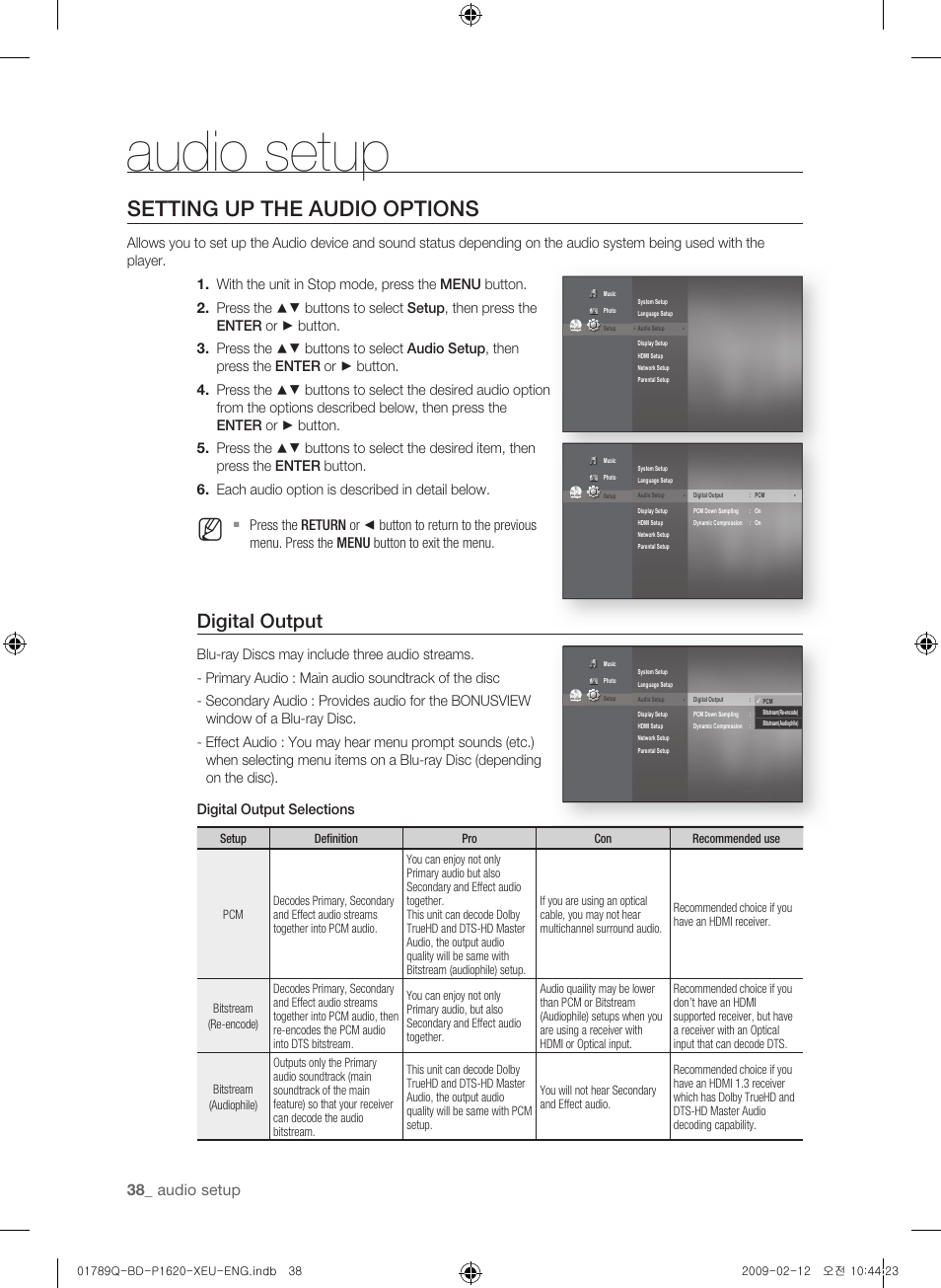 Audio setup, Setting up the audio options, Digital output | 3_ audio setup | Samsung BD-P1620 User Manual | Page 38 / 75