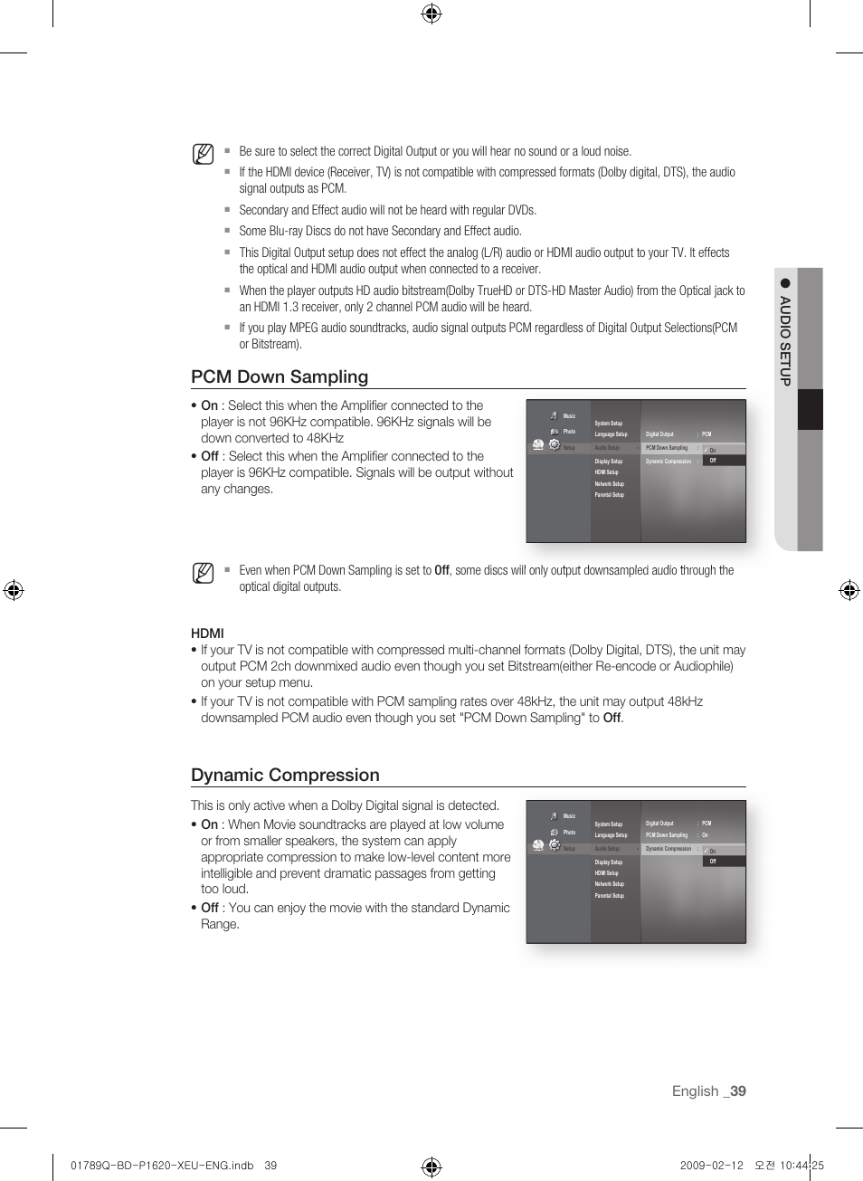 Pcm down sampling, Dynamic compression, English _3 | Samsung BD-P1620 User Manual | Page 39 / 75