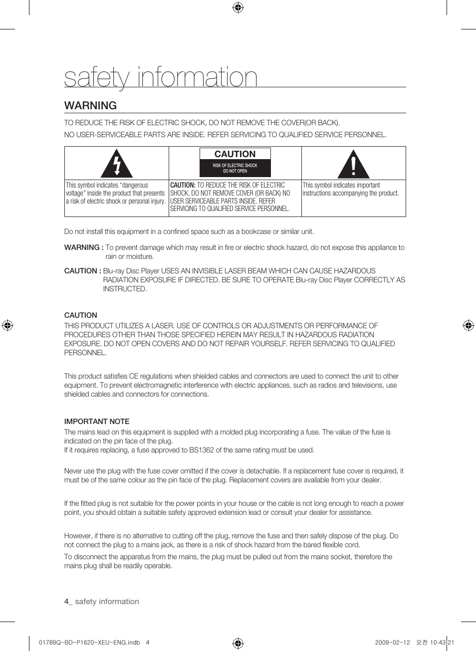 Safety information, Warning | Samsung BD-P1620 User Manual | Page 4 / 75