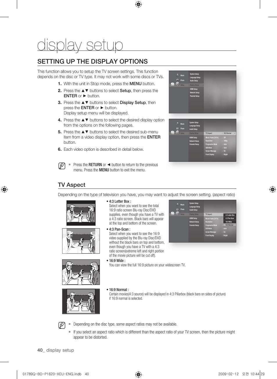 Display setup, Setting up the display options, Tv aspect | 0_ display setup | Samsung BD-P1620 User Manual | Page 40 / 75