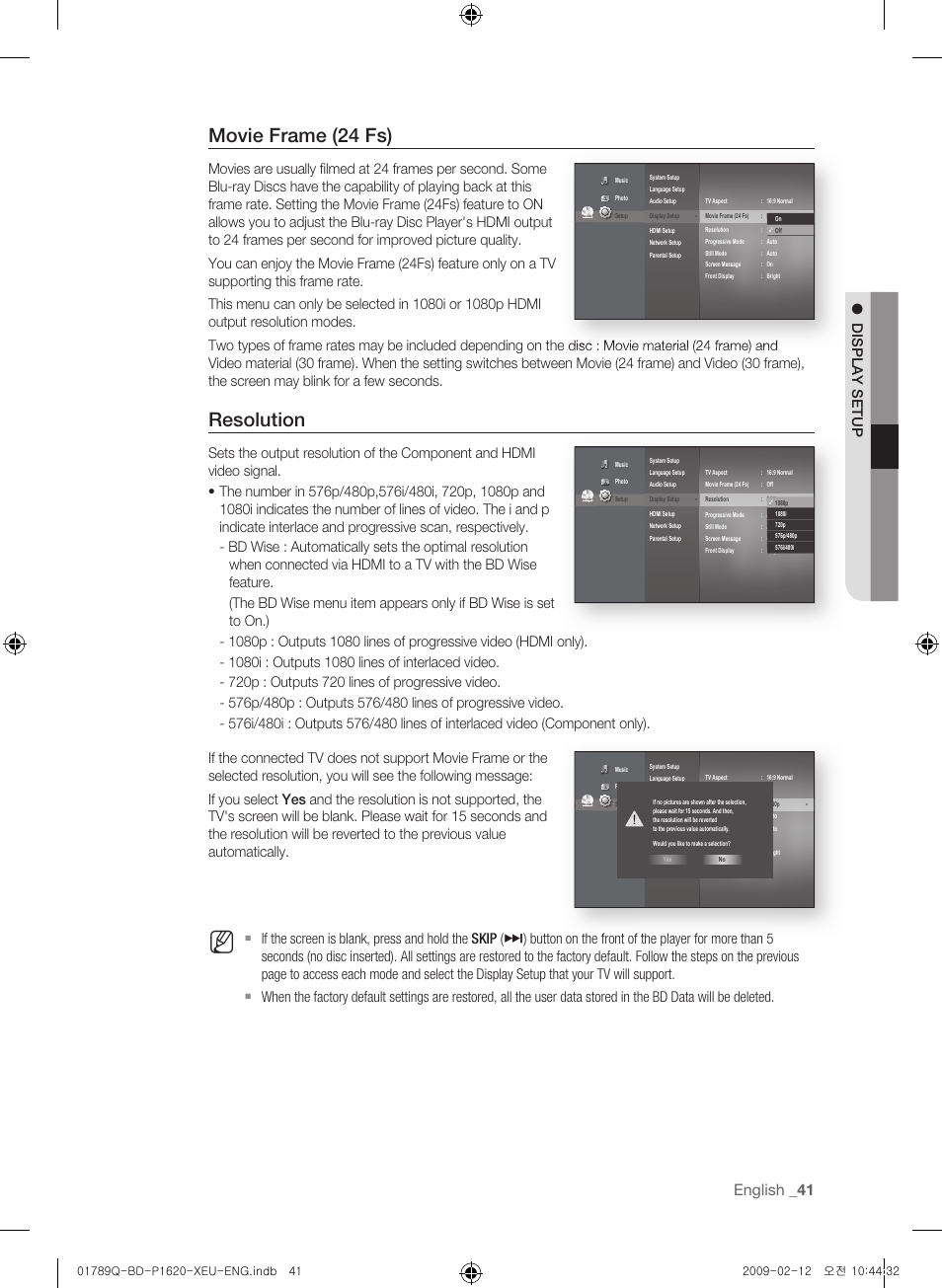 Movie frame (24 fs), Resolution, English _1 | Display setup | Samsung BD-P1620 User Manual | Page 41 / 75