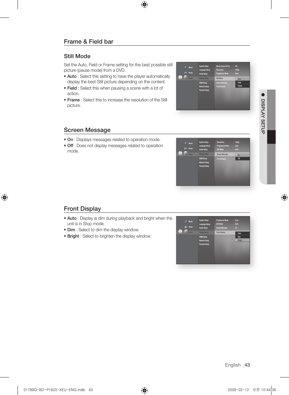 Frame & field bar, Screen message, Front display | Still mode, English _3, Display setup | Samsung BD-P1620 User Manual | Page 43 / 75