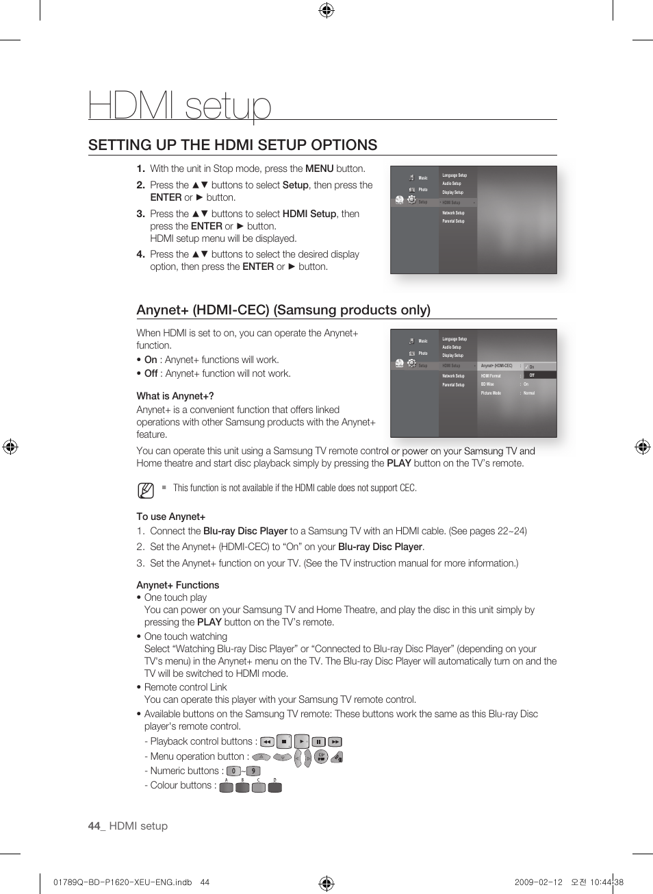 Hdmi setup, Setting up the hdmi setup options, Anynet+ (hdmi-cec) (samsung products only) | Samsung BD-P1620 User Manual | Page 44 / 75