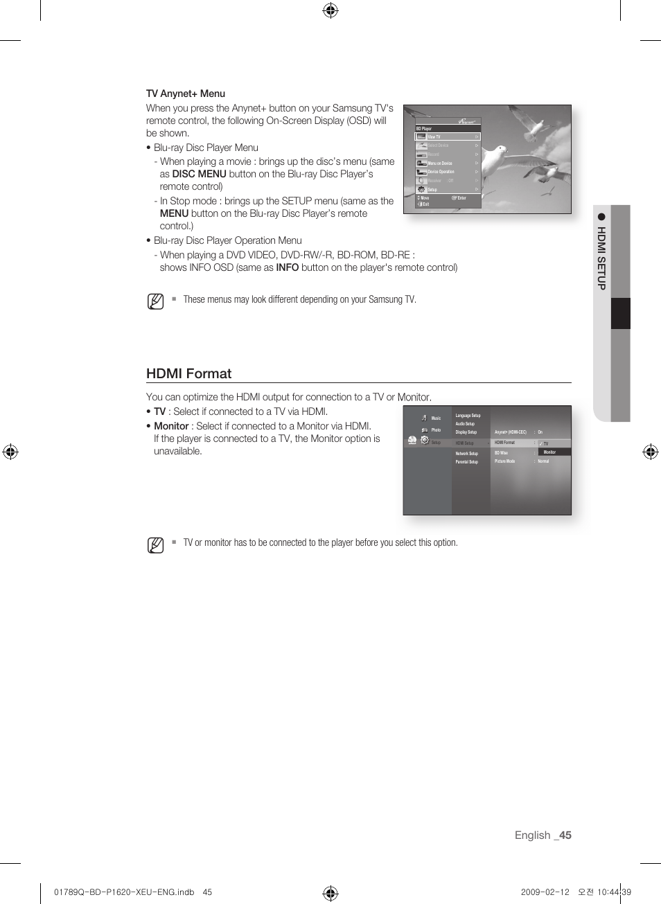 Hdmi format, English | Samsung BD-P1620 User Manual | Page 45 / 75