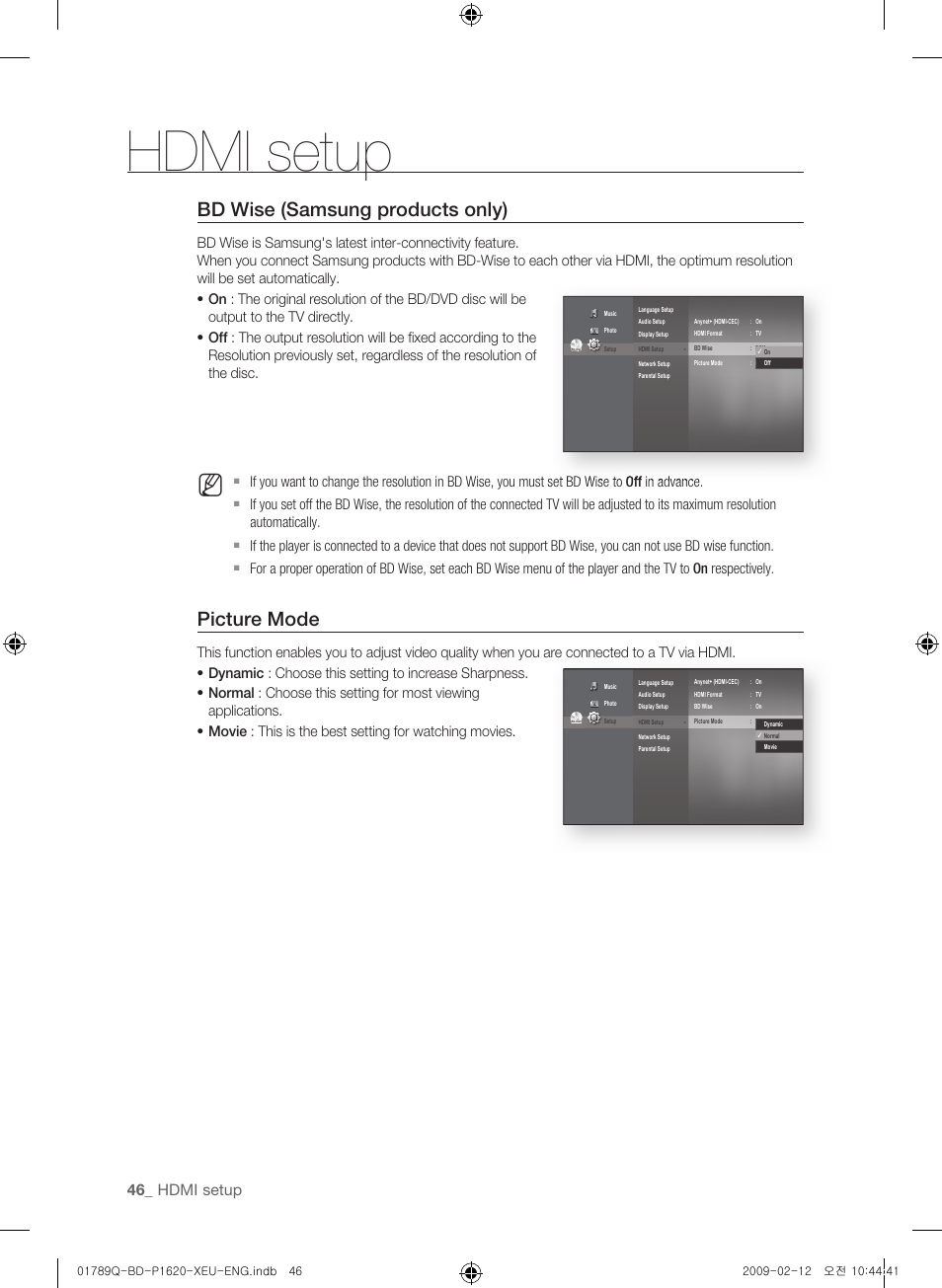 Bd wise (samsung products only), Picture mode, Hdmi setup | Samsung BD-P1620 User Manual | Page 46 / 75