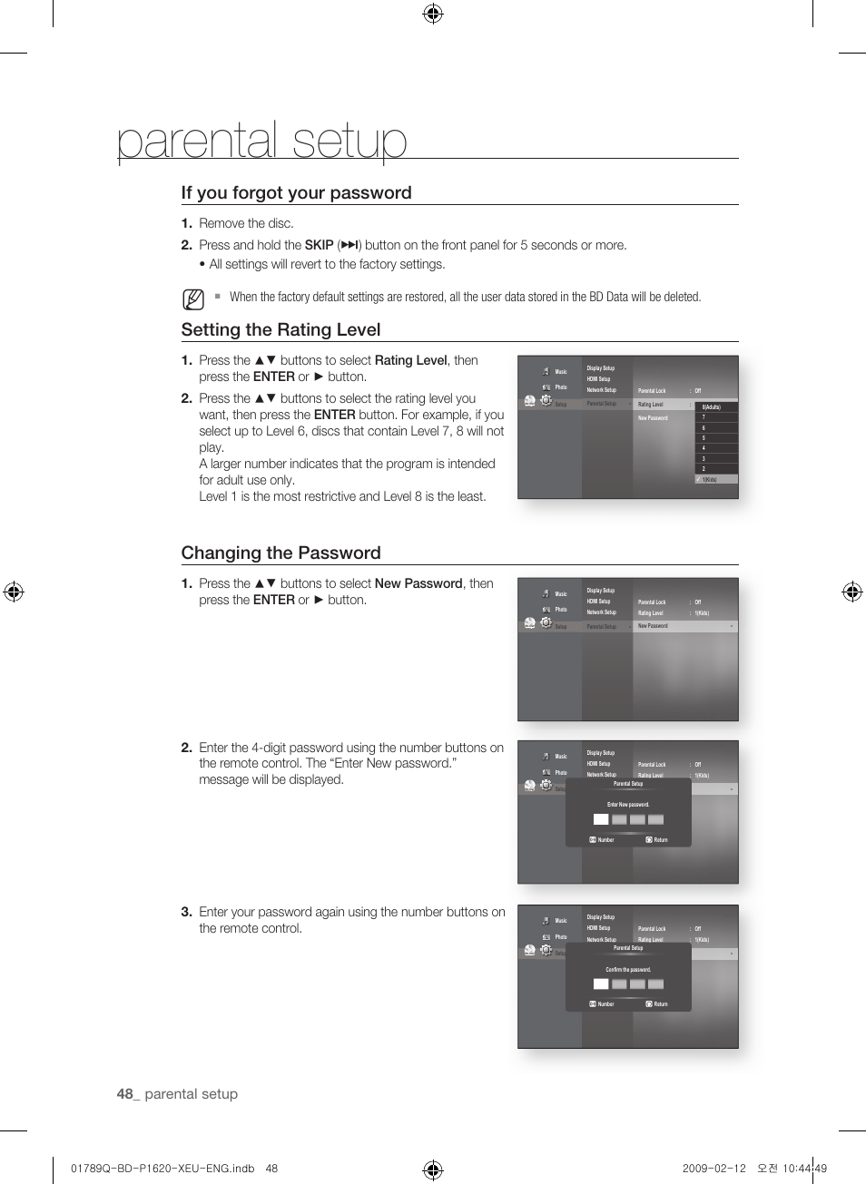 If you forgot your password, Setting the rating level, Changing the password | Parental setup | Samsung BD-P1620 User Manual | Page 48 / 75