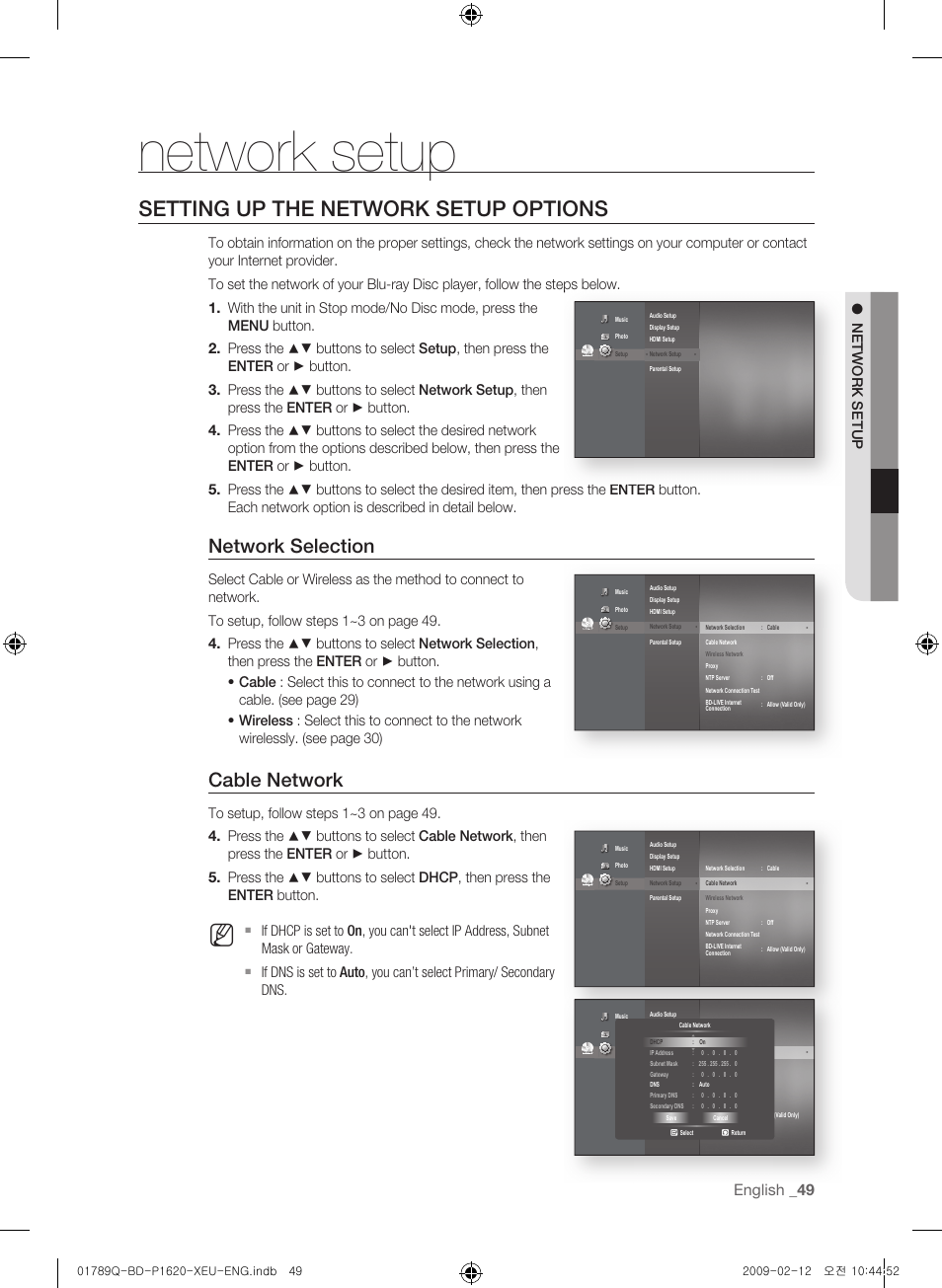 Network setup, Setting up the network setup options, Network selection | Cable network, English | Samsung BD-P1620 User Manual | Page 49 / 75