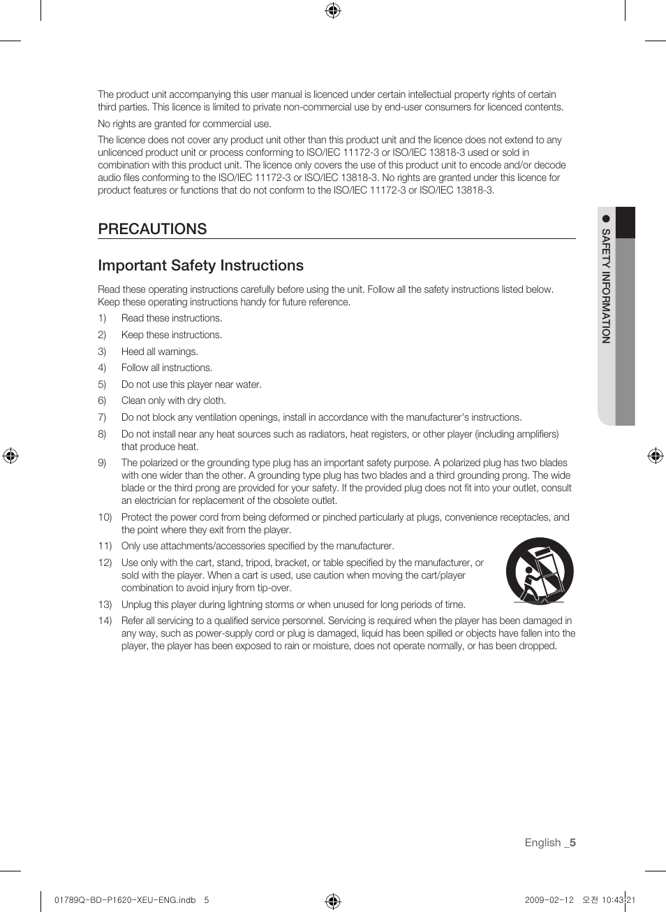 Precautions, Precautions important safety instructions | Samsung BD-P1620 User Manual | Page 5 / 75