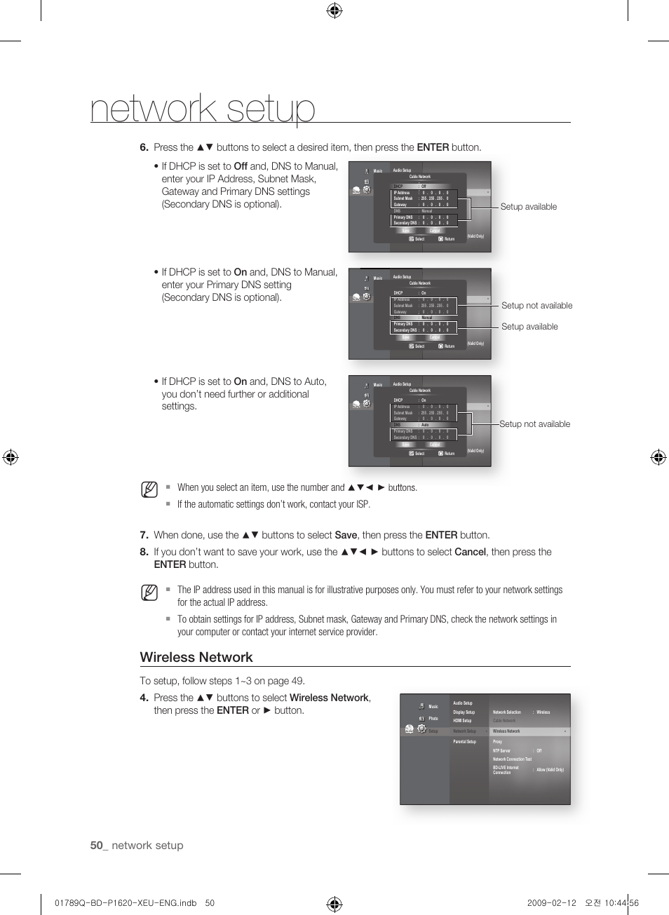 Network setup, Wireless network, 0_ network setup | Setup not available setup available, Setup not available, Setup available | Samsung BD-P1620 User Manual | Page 50 / 75