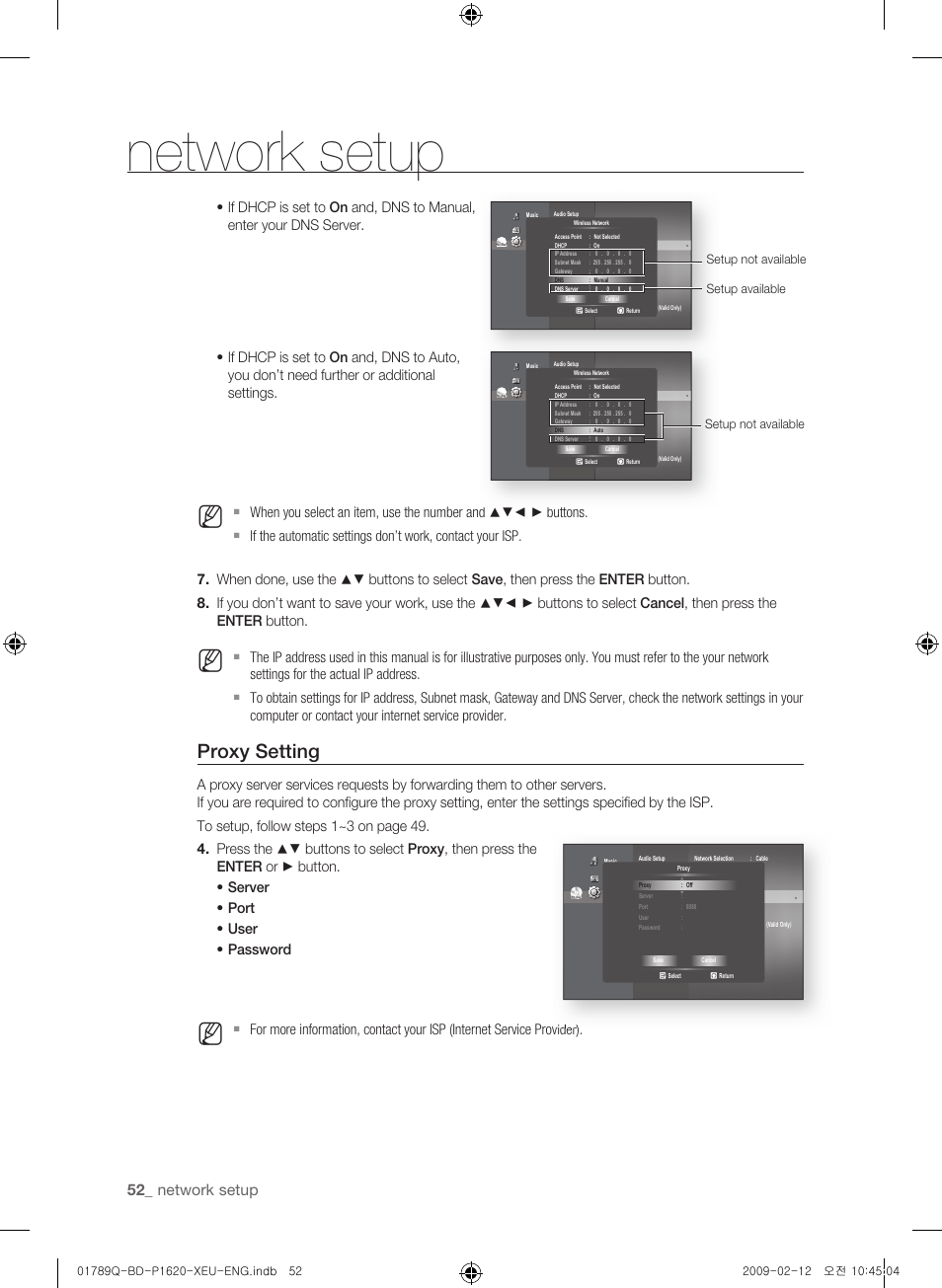 Proxy setting, Network setup, Setup not available setup available | Setup not available | Samsung BD-P1620 User Manual | Page 52 / 75