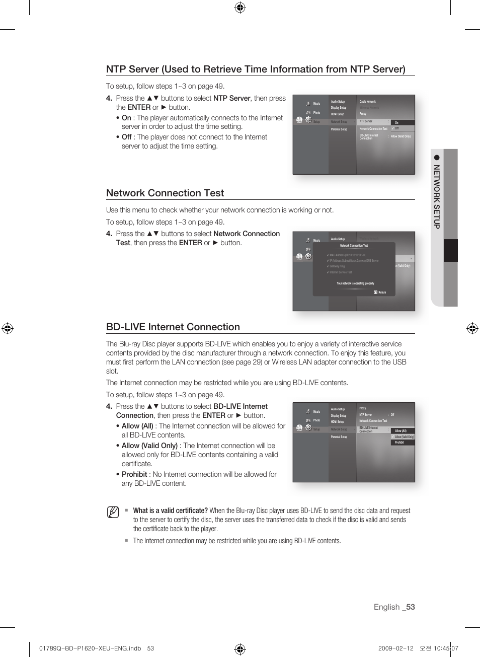 Network connection test, Bd-live internet connection, English _3 | Network setup | Samsung BD-P1620 User Manual | Page 53 / 75