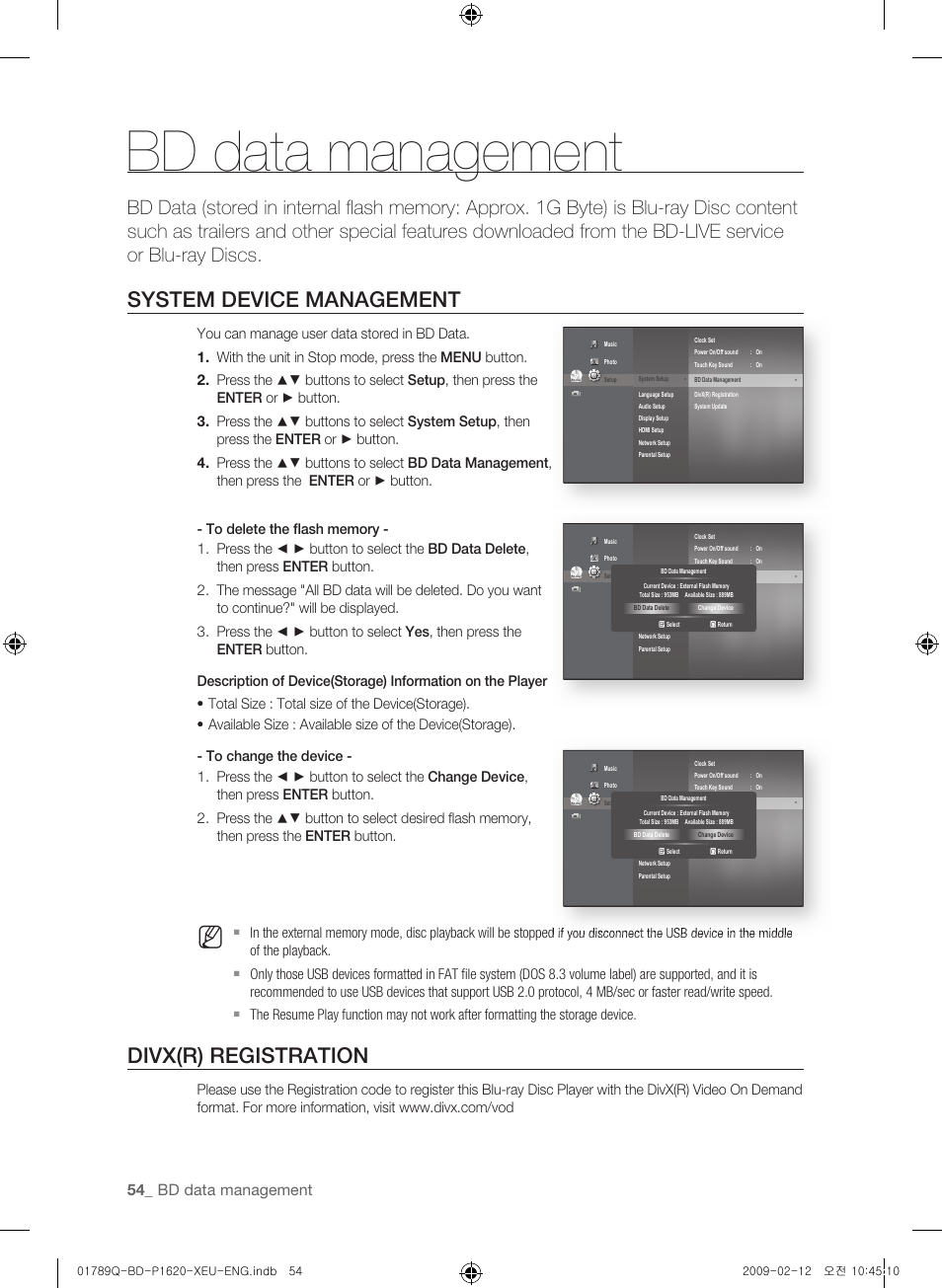 Bd data management, System device management, Divx(r) registration | Samsung BD-P1620 User Manual | Page 54 / 75