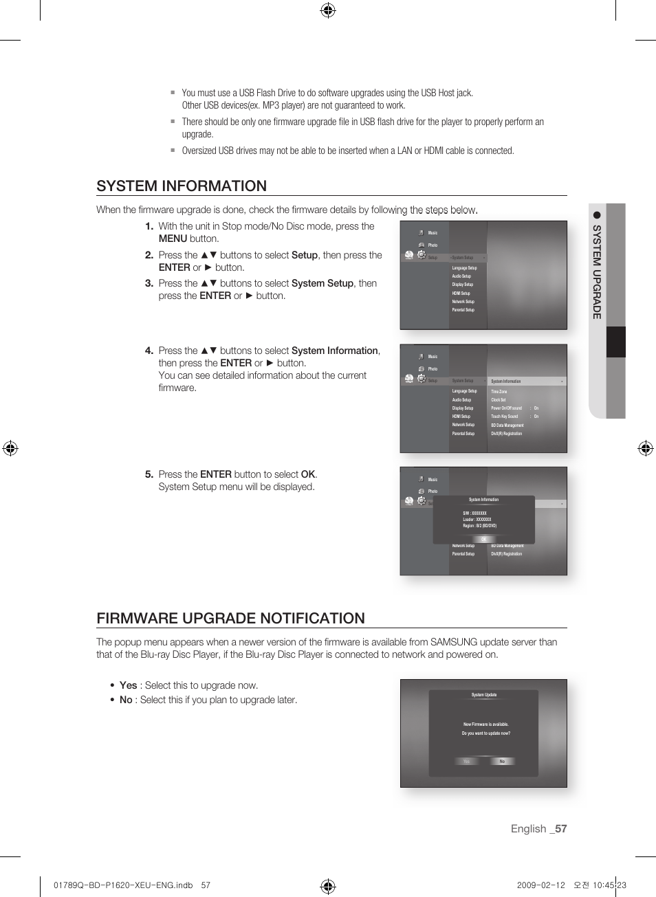 System information, Firmware upgrade notification, English | Samsung BD-P1620 User Manual | Page 57 / 75