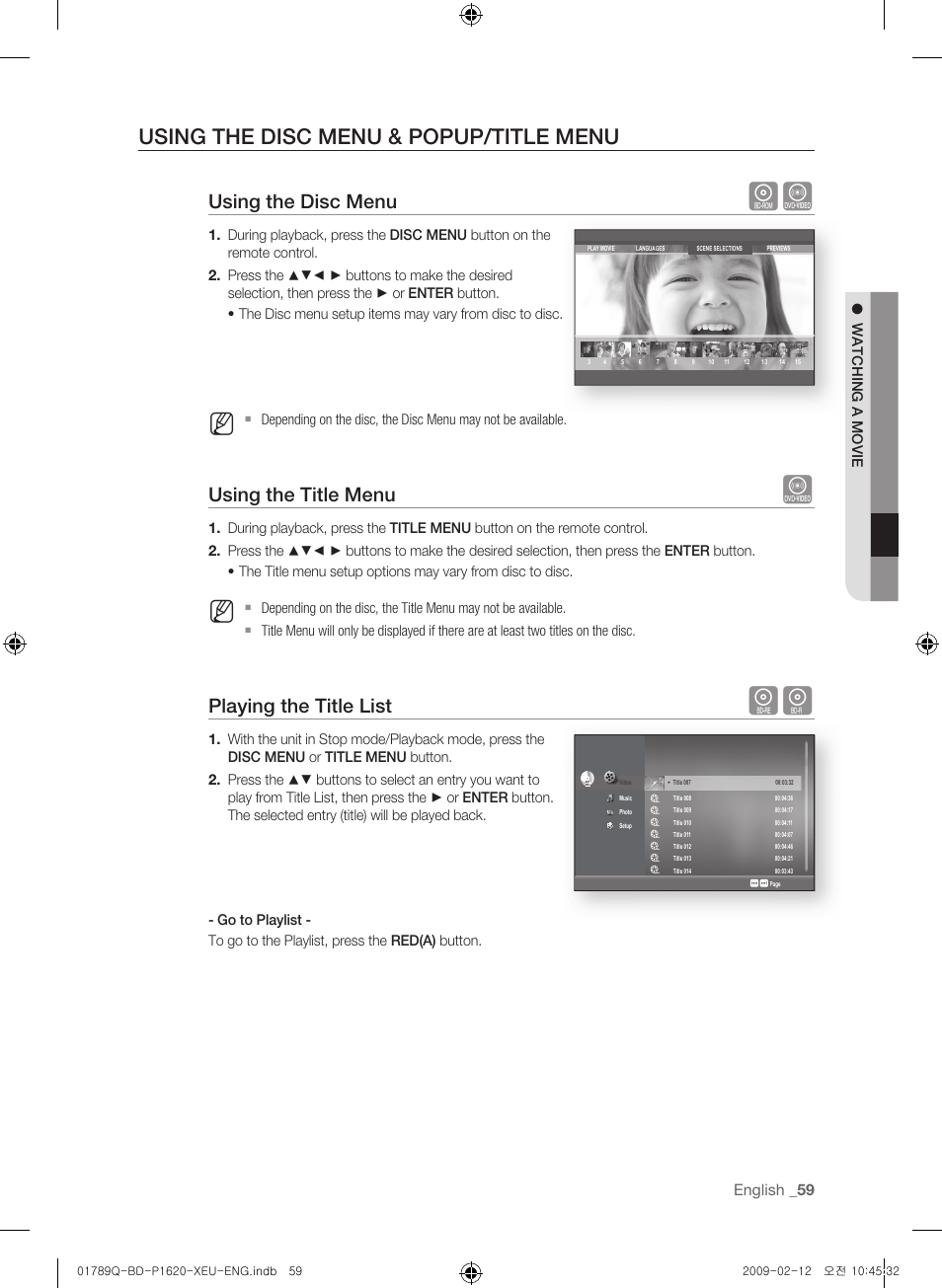 Using the disc menu & popup/title menu, Using the disc menu, Using the title menu | Playing the title list, English | Samsung BD-P1620 User Manual | Page 59 / 75