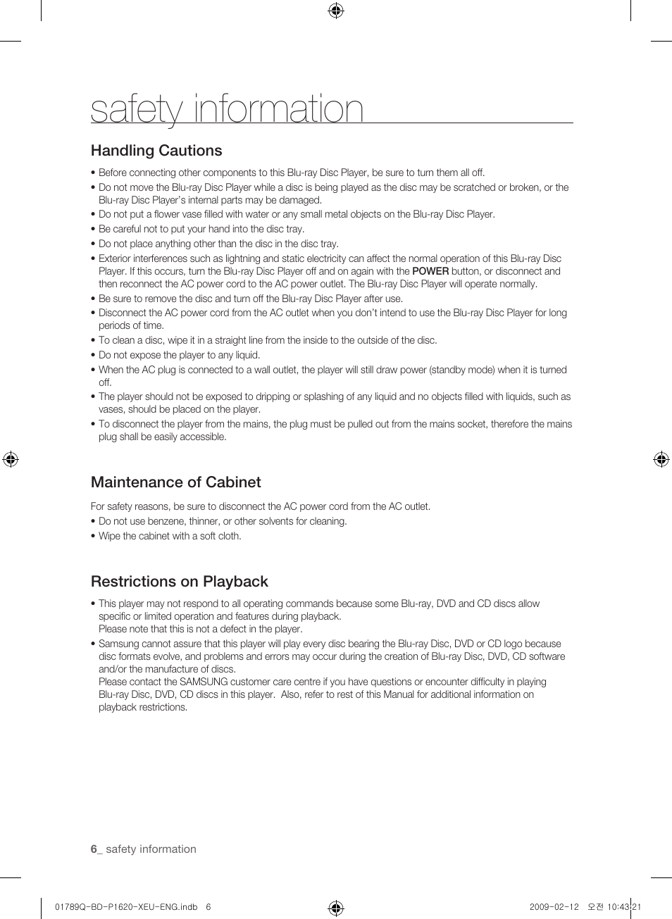 Safety information, Handling cautions, Maintenance of cabinet | Restrictions on playback | Samsung BD-P1620 User Manual | Page 6 / 75
