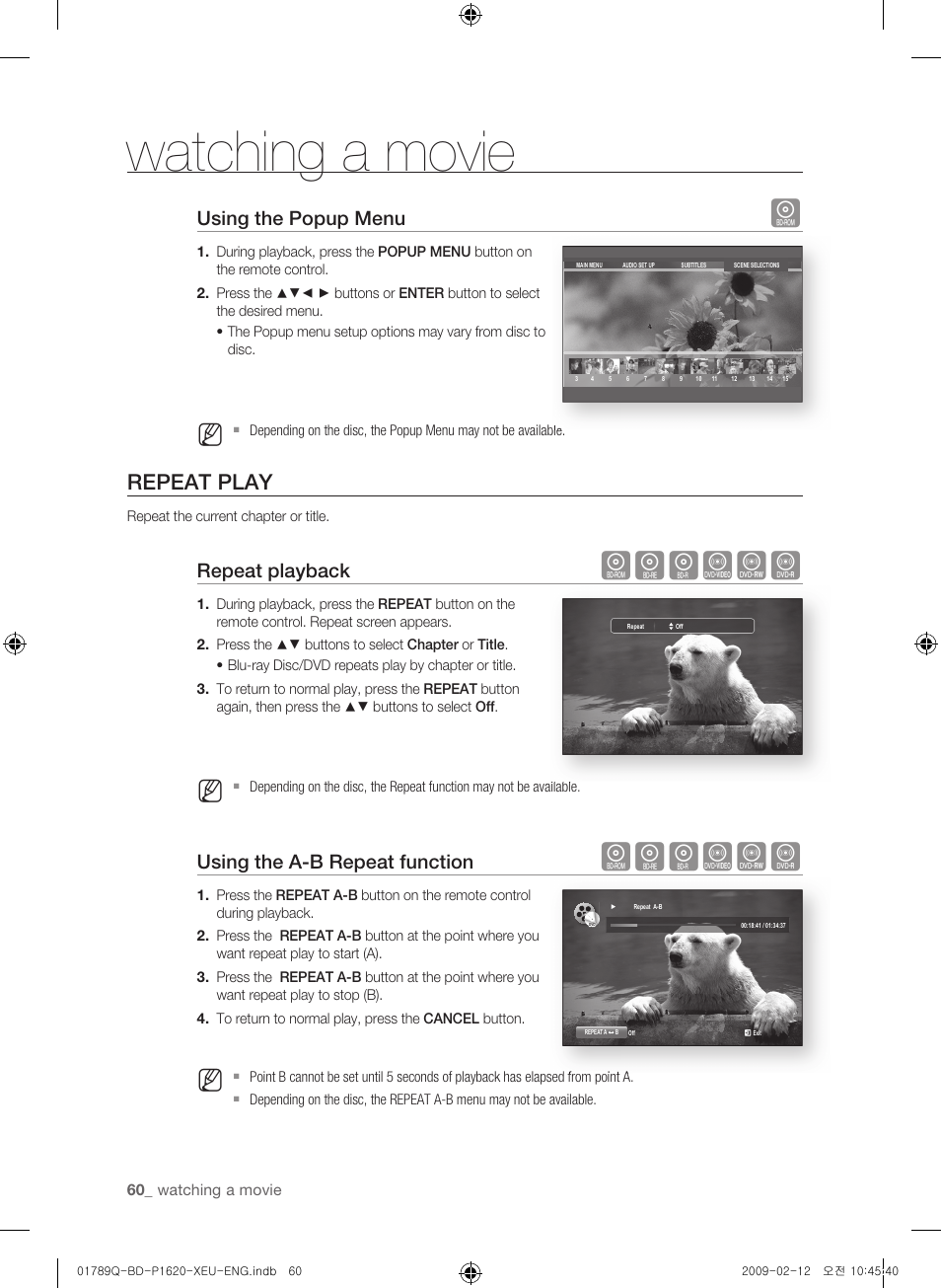 Repeat play, Watching a movie, Hgfzcv | Using the popup menu, Repeat playback, Using the a-b repeat function | Samsung BD-P1620 User Manual | Page 60 / 75