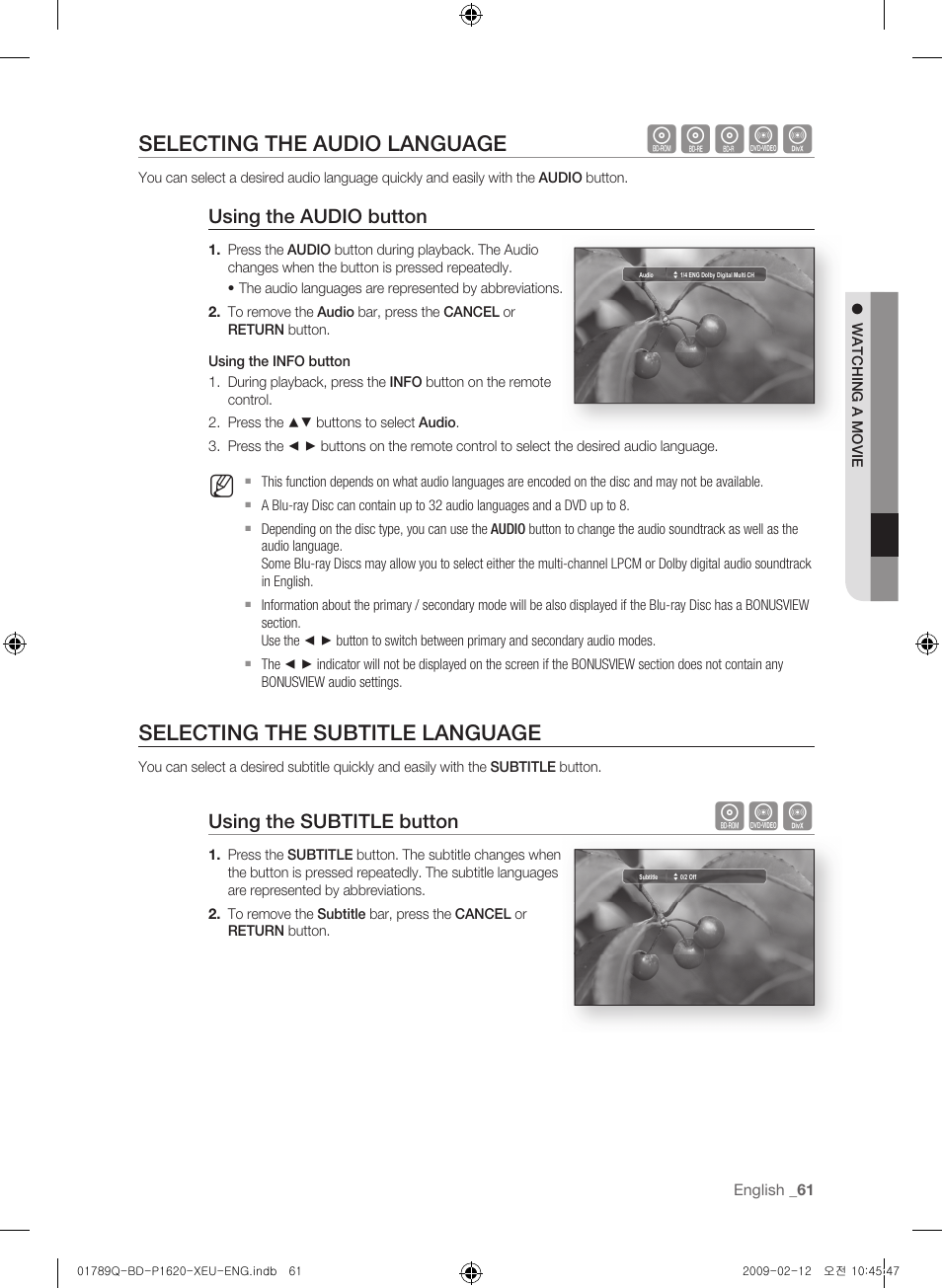 Selecting the audio language, Selecting the subtitle language, Hgfzd | Using the audio button, Using the subtitle button | Samsung BD-P1620 User Manual | Page 61 / 75