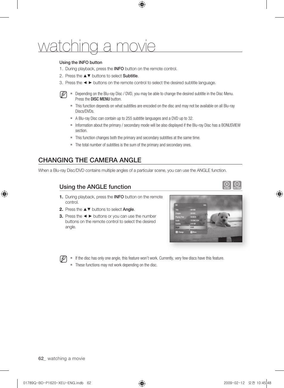 Changing the camera angle, Watching a movie, Using the angle function | Samsung BD-P1620 User Manual | Page 62 / 75