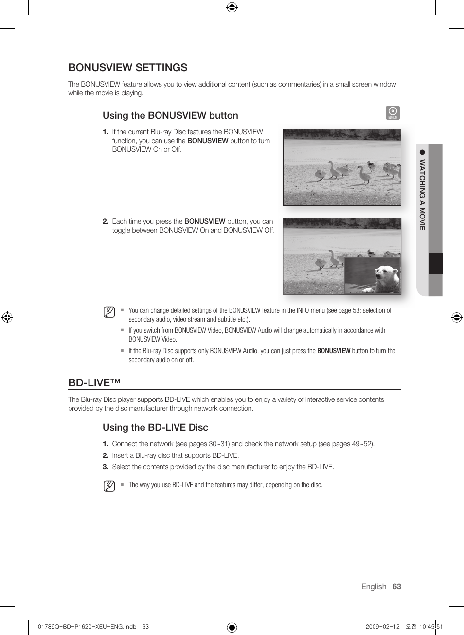 Bonusview settings, Bd-live | Samsung BD-P1620 User Manual | Page 63 / 75