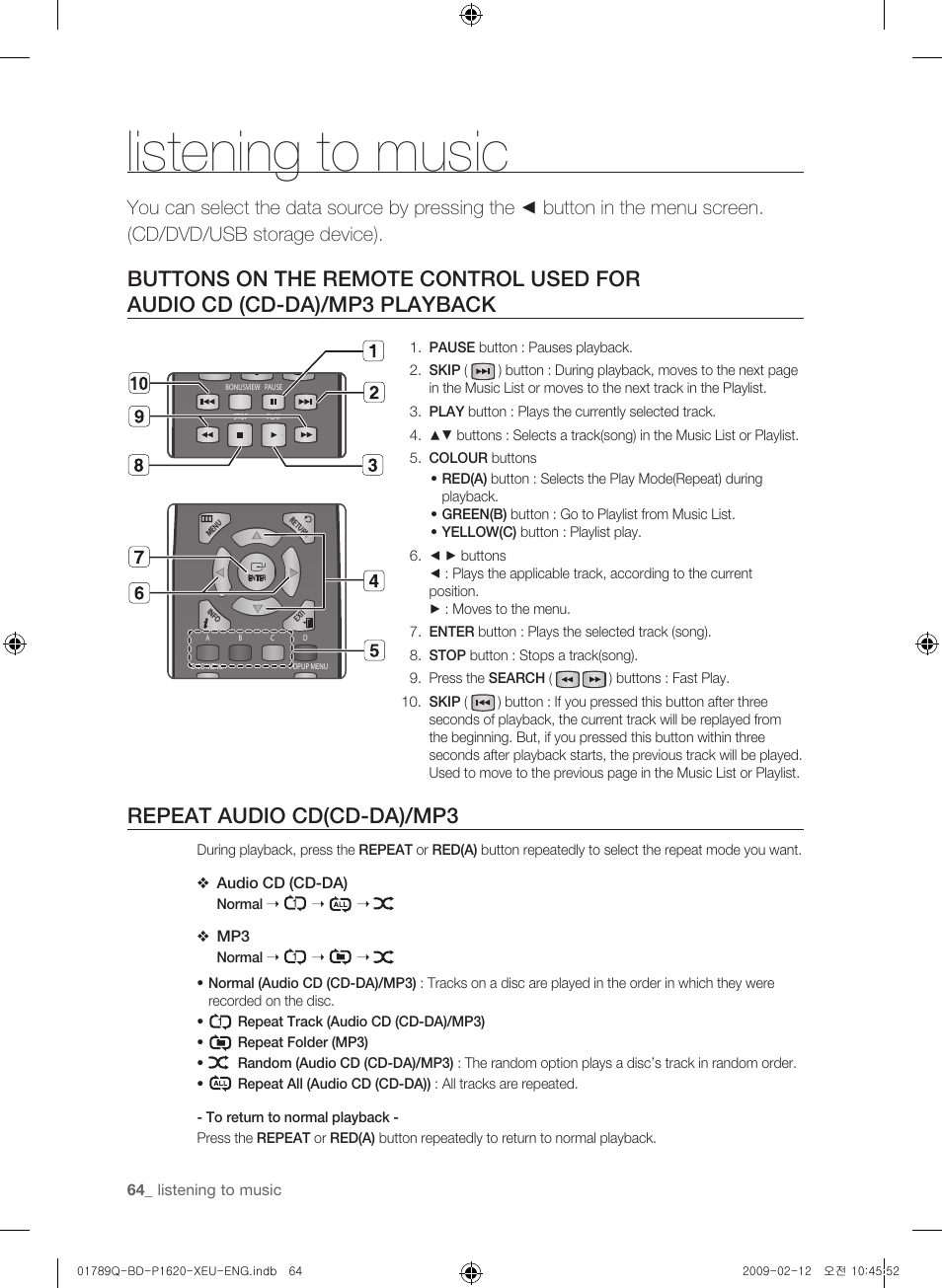 Listening to music, Repeat audio cd(cd-da)/mp3 | Samsung BD-P1620 User Manual | Page 64 / 75