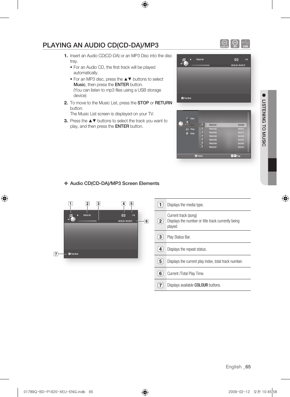 Playing an audio cd(cd-da)/mp3, English, Audio cd(cd-da)/mp3 screen elements | Listening to music | Samsung BD-P1620 User Manual | Page 65 / 75