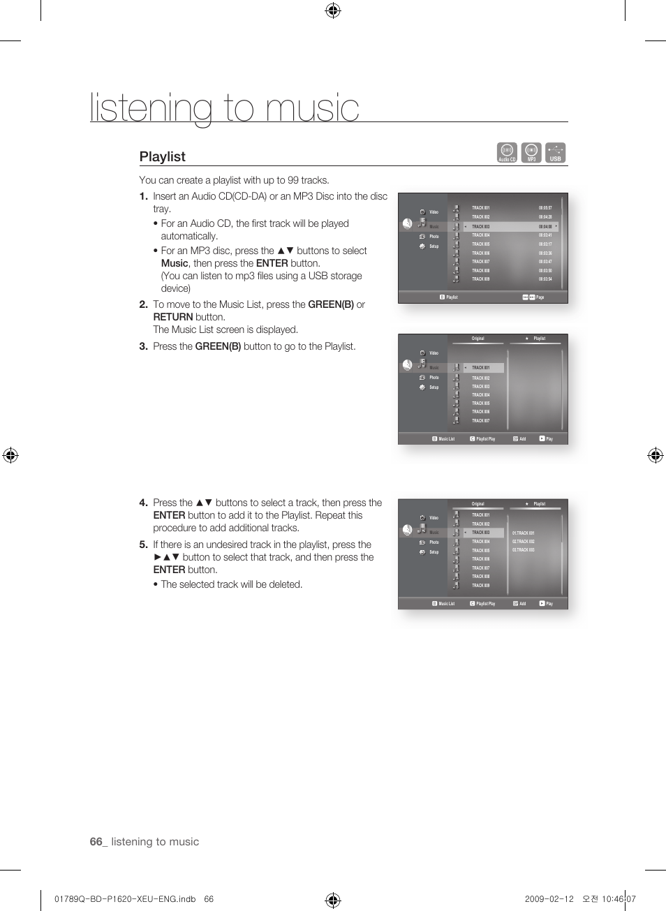 Playlist, Listening to music | Samsung BD-P1620 User Manual | Page 66 / 75