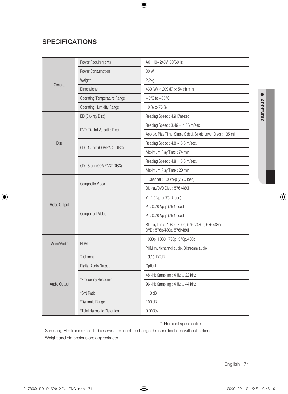 Specifications | Samsung BD-P1620 User Manual | Page 71 / 75