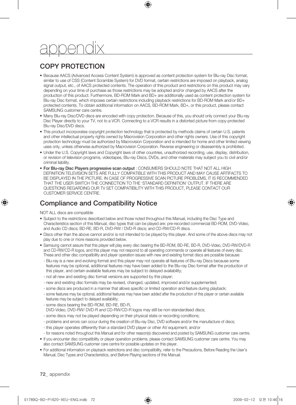 Appendix, Copy protection, Compliance and compatibility notice | Samsung BD-P1620 User Manual | Page 72 / 75