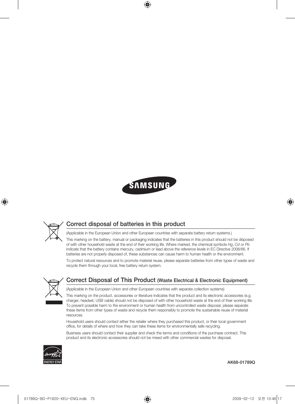 Correct disposal of this product, Correct disposal of batteries in this product | Samsung BD-P1620 User Manual | Page 75 / 75