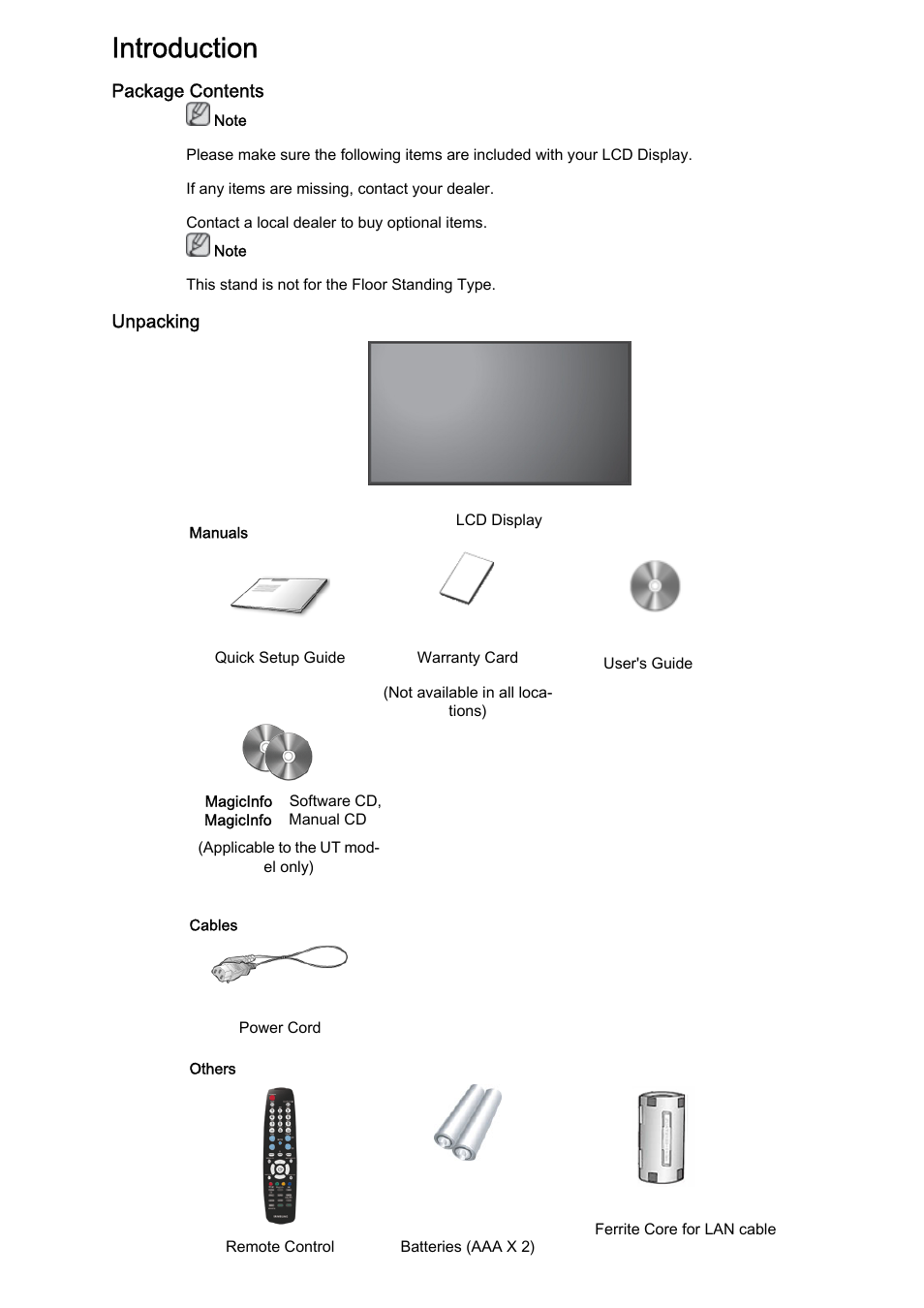 Introduction, Package contents, Unpacking | Samsung 460UTN User Manual | Page 10 / 116