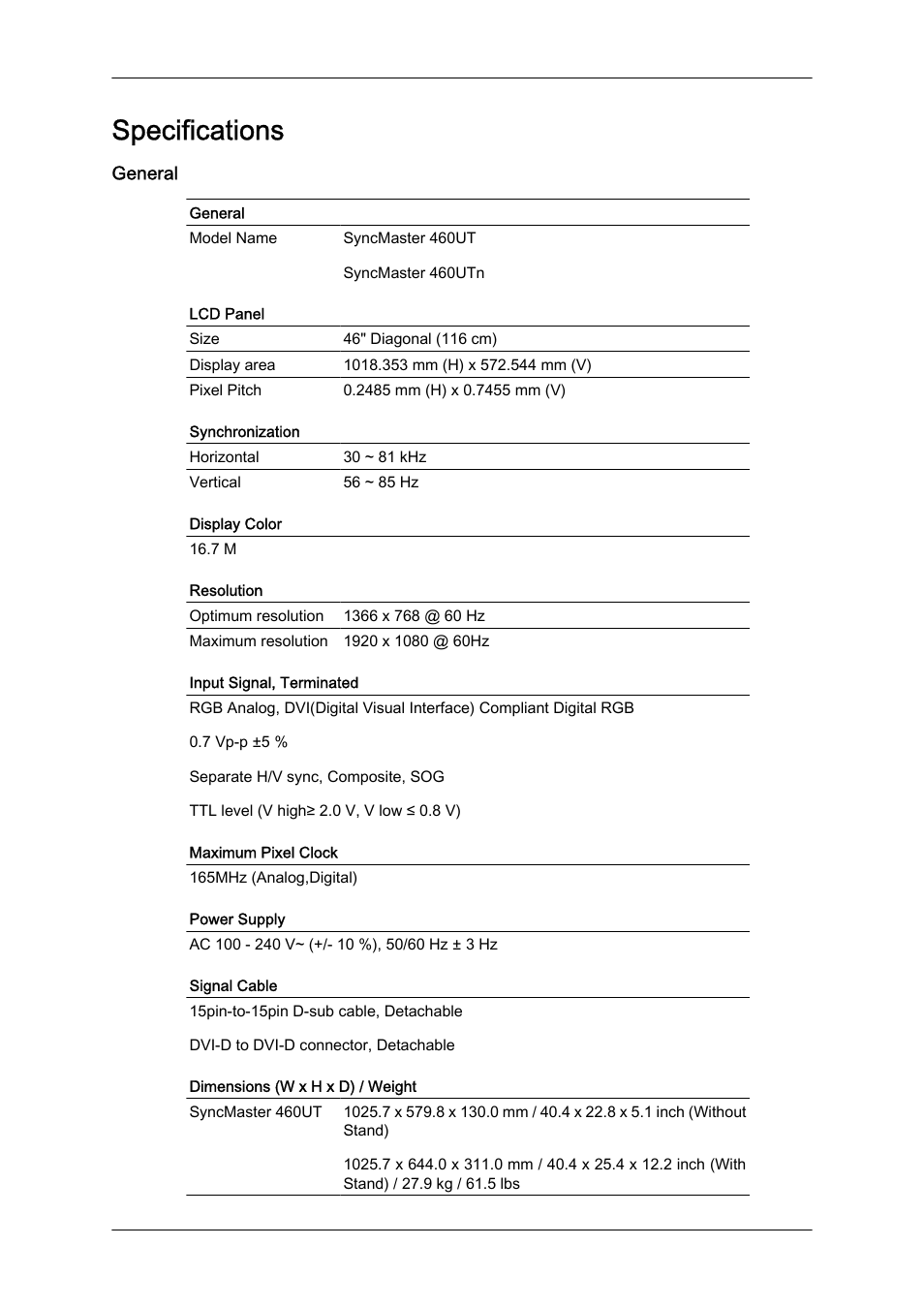 Specifications, General | Samsung 460UTN User Manual | Page 103 / 116