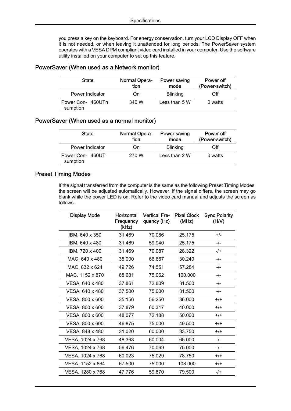 Powersaver (when used as a network monitor), Powersaver (when used as a normal monitor), Preset timing modes | Samsung 460UTN User Manual | Page 105 / 116